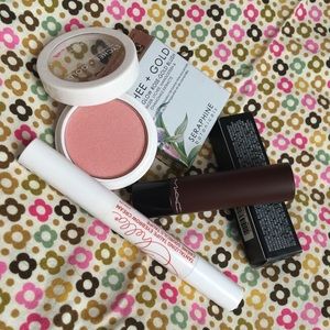 Eyebrow cream,gold blush,lipstick burnt violet